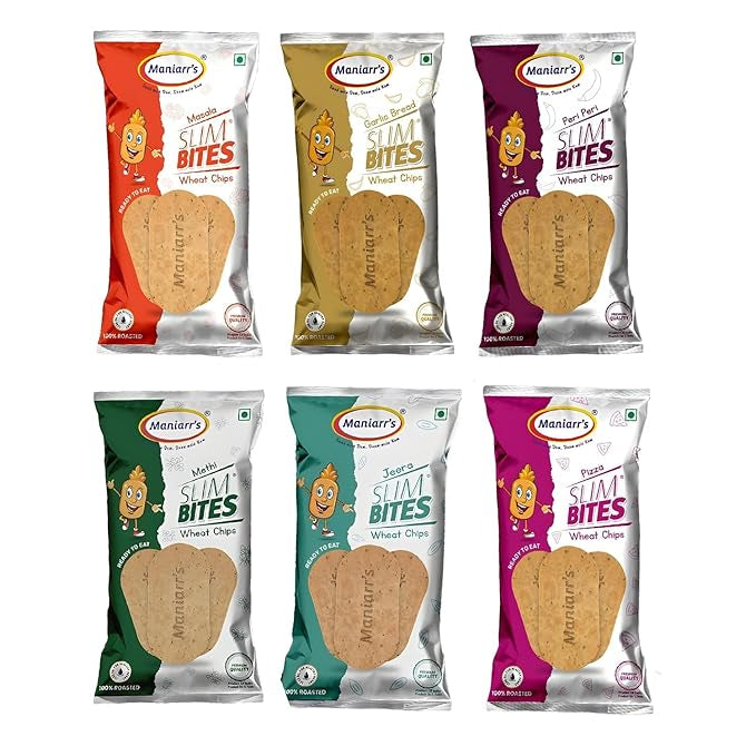 Maniarrs Plain Slim Bites Khakhra 6 Flavors Combo Pack of 6 Wheat Khakhra