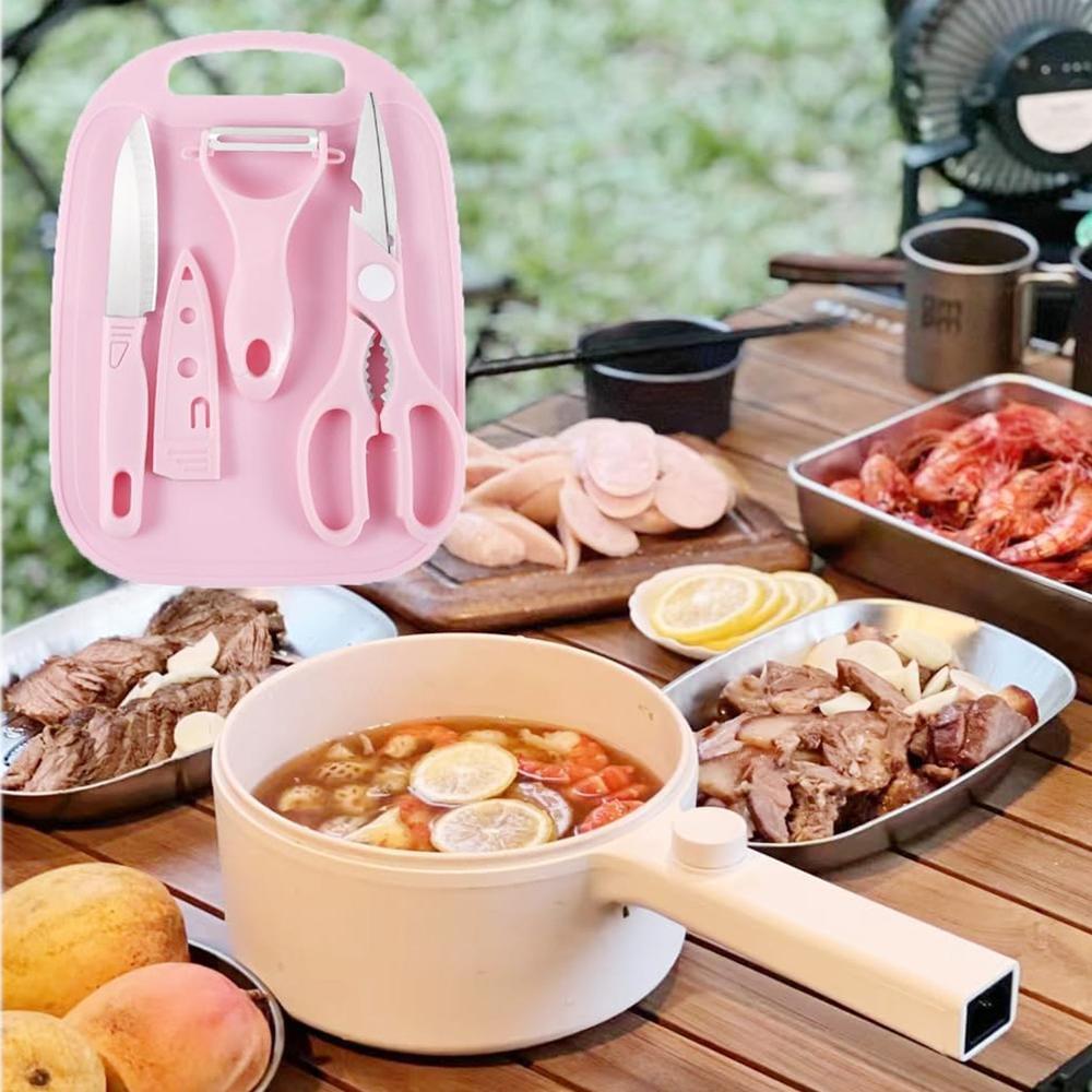 Mini Travel Cutting Board Set, 4 Pcs Portable Mini Camping Plastic Cutting Board & Knife, Fruits & Vegetable Peeler Scissors, Kitchen Knives Set, For Travel, Picnic, Camping, Outdoor, Park (4 Pc Set) - Color: Mix
