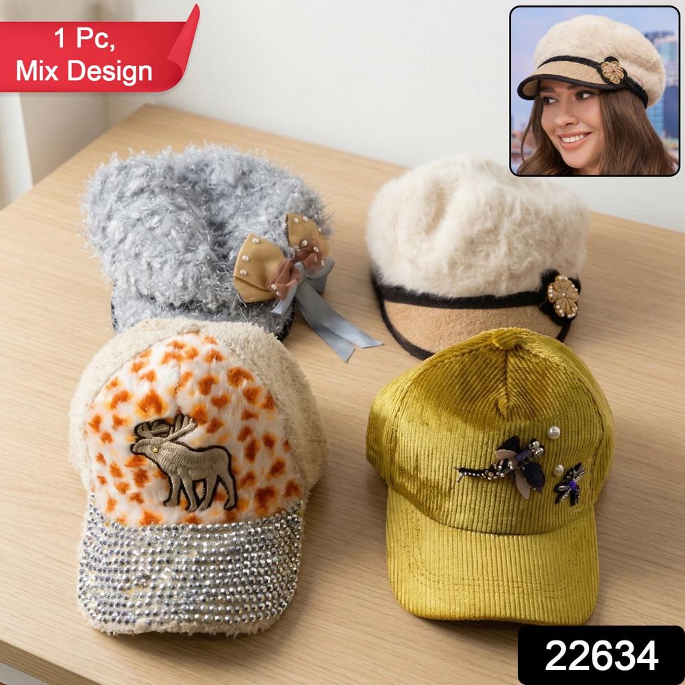 Stylish Winter And Summer Designer Cap (1 Pc, Mix Design) - Material: Fabric