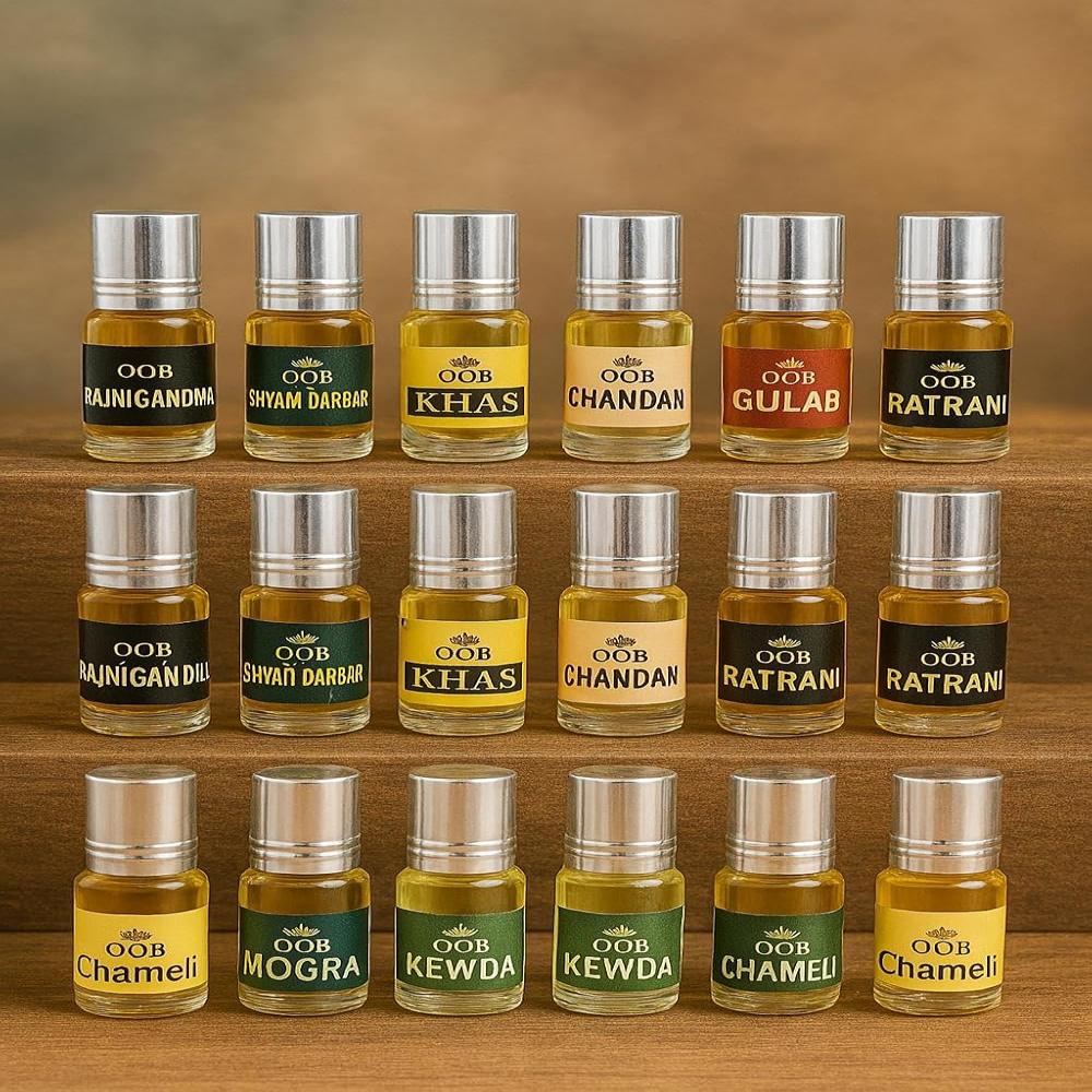 Oob Kewda, Shyamdarbar, Mogra, Gulab, Chandan, Ratrani, Rajnigandha, Chamali, Khas Roll On Attar For Men And Women 2.5 Ml Each, Pack Of 18 Vials - Chemical Name: Oil