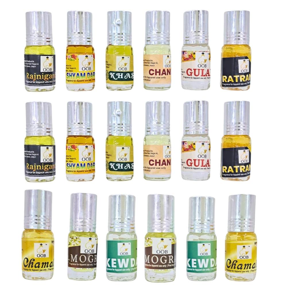 OOB kewda, shyamdarbar, mogra, gulab, chandan, ratrani, rajnigandha, chamali, khas roll on attar for men and women 2.5 ml each, pack of 18 vials