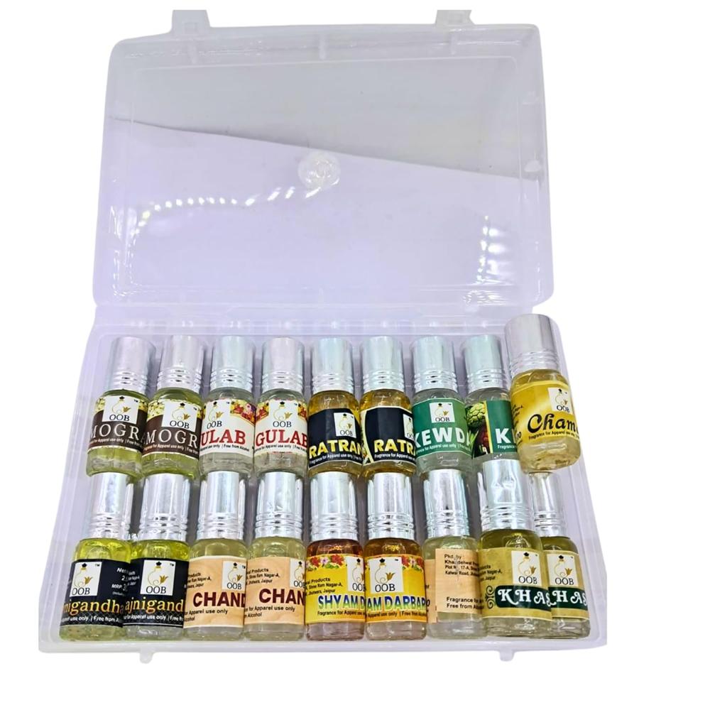 OOB kewda, shyamdarbar, mogra, gulab, chandan, ratrani, rajnigandha, chamali, khas roll on attar for men and women 2.5 ml each, pack of 18 vials