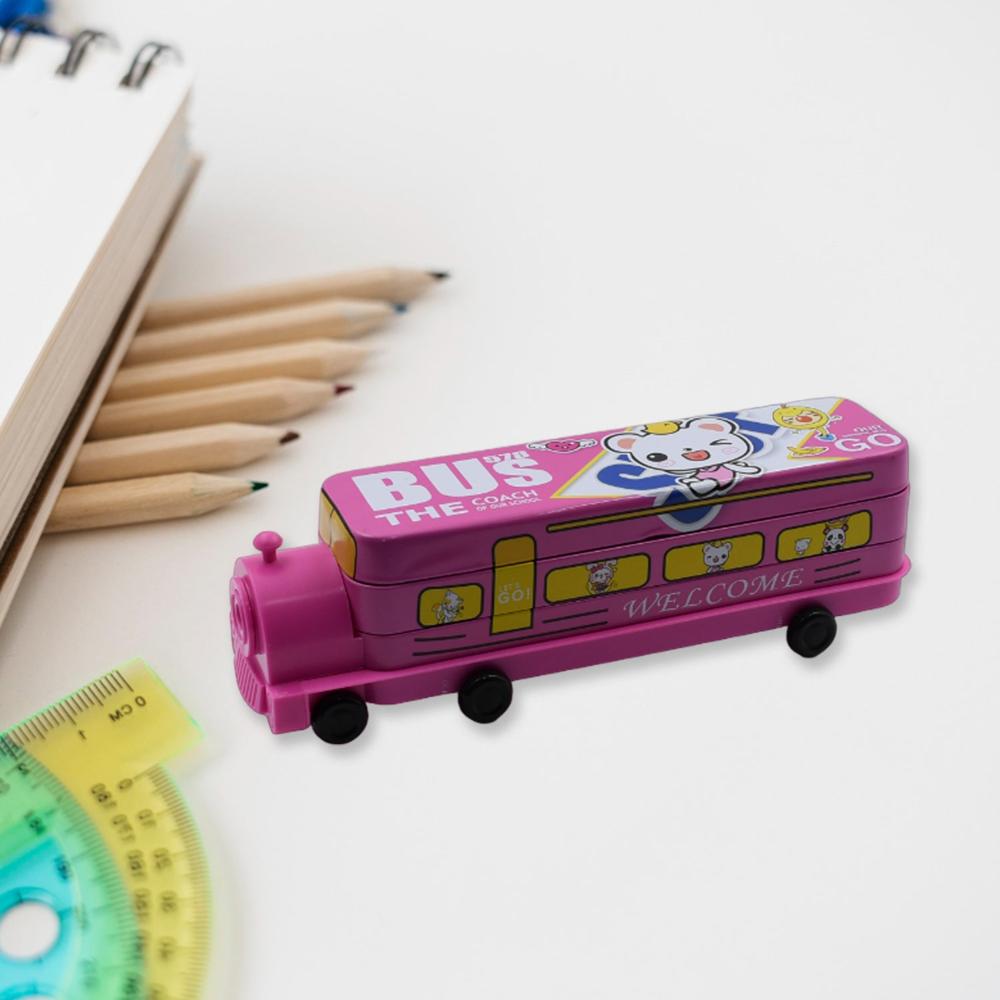 Double Decker Metal Bus Compass Case  2-Layer Movable Wheels & Sharpener for Kids
