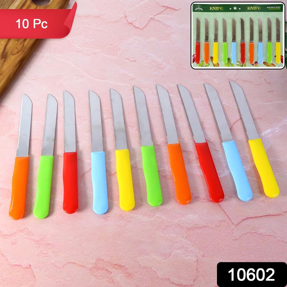 Premium Quality Stainless Steel Handle Plain Knife (10 Pc / 1 Set) - Color: Mix