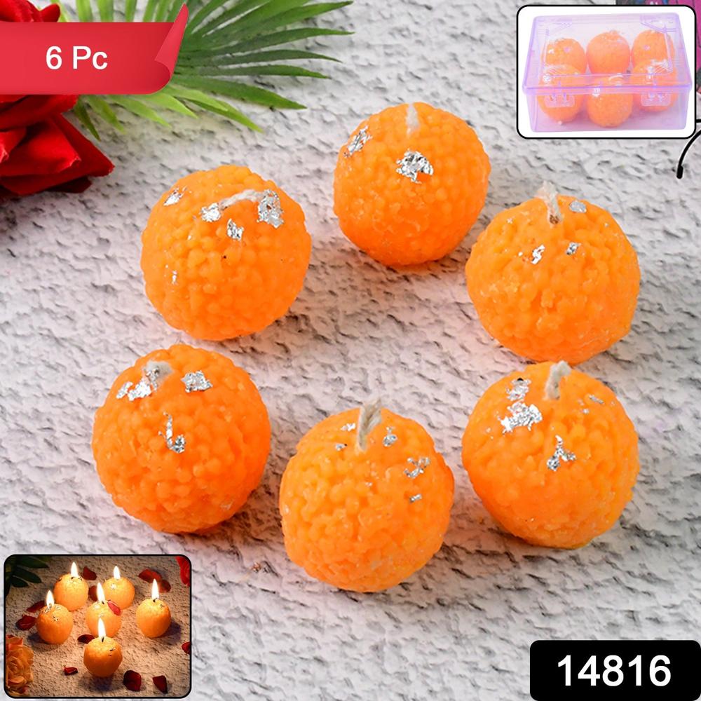 Set Of 6 Laddu-Shaped Wax Candles With Silver Leaf Decoration - Color: Mix