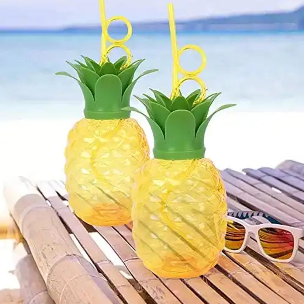 Plastic Pineapple Cups With Straw (1 Pc) - Bpa-free Plastic, 6 Inch, Yellow With Green Lid | Reusable, Twist-on Leaf Lid, Splash Resistant