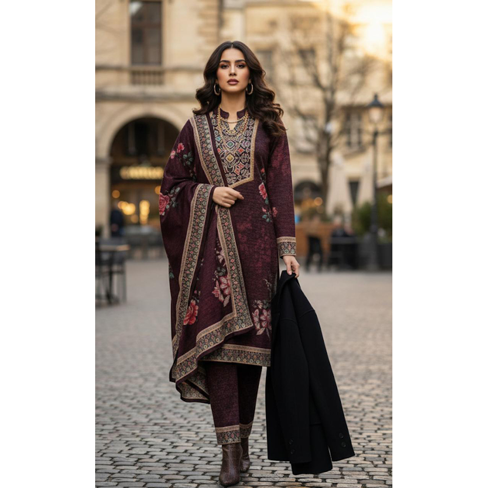 Designer Karachi Woolen Suit - Color: Multi Color (Primary Base: Off White With Multi-Colored Print)