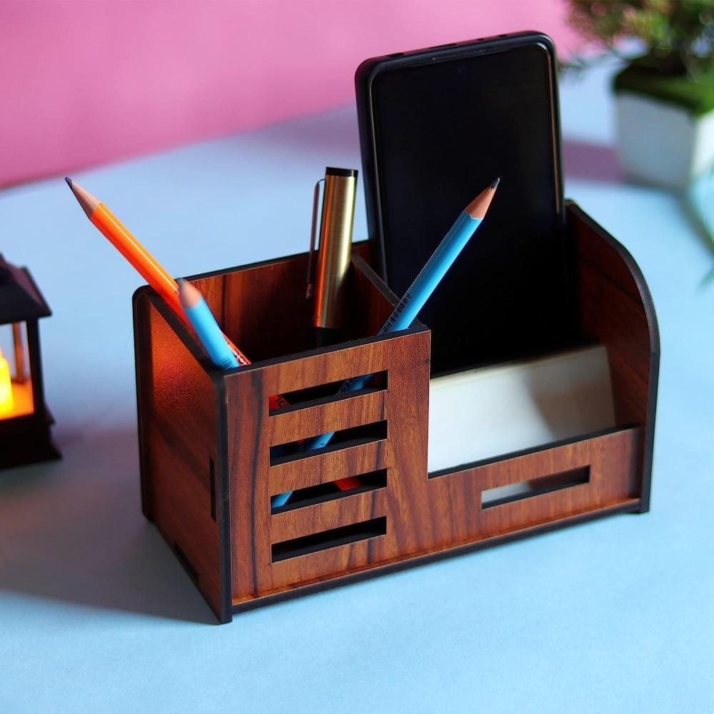 Premium Wooden Desk Organizer With Phone Stand Pen Holder Card Holder (1 Pc) - Color: Mix