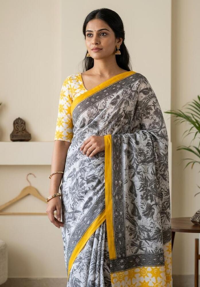 Mulmul Cotton Fabric Yellow And Black Saree