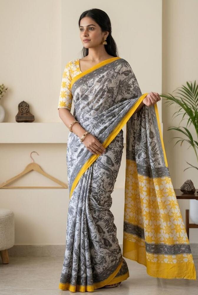 Mulmul Cotton Fabric Yellow And Black Saree