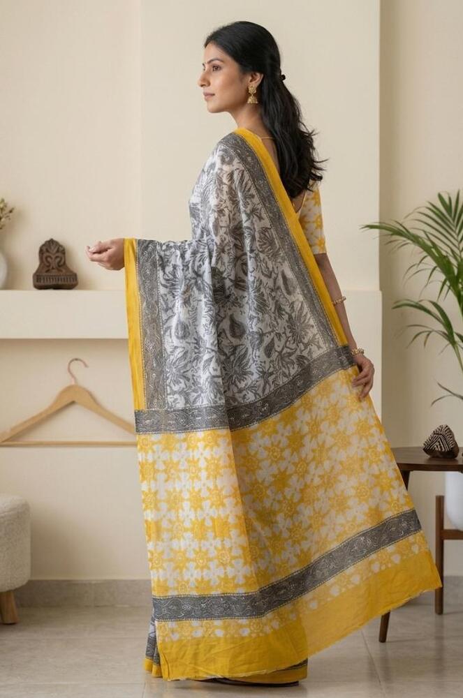 Mulmul Cotton Fabric Yellow And Black Saree