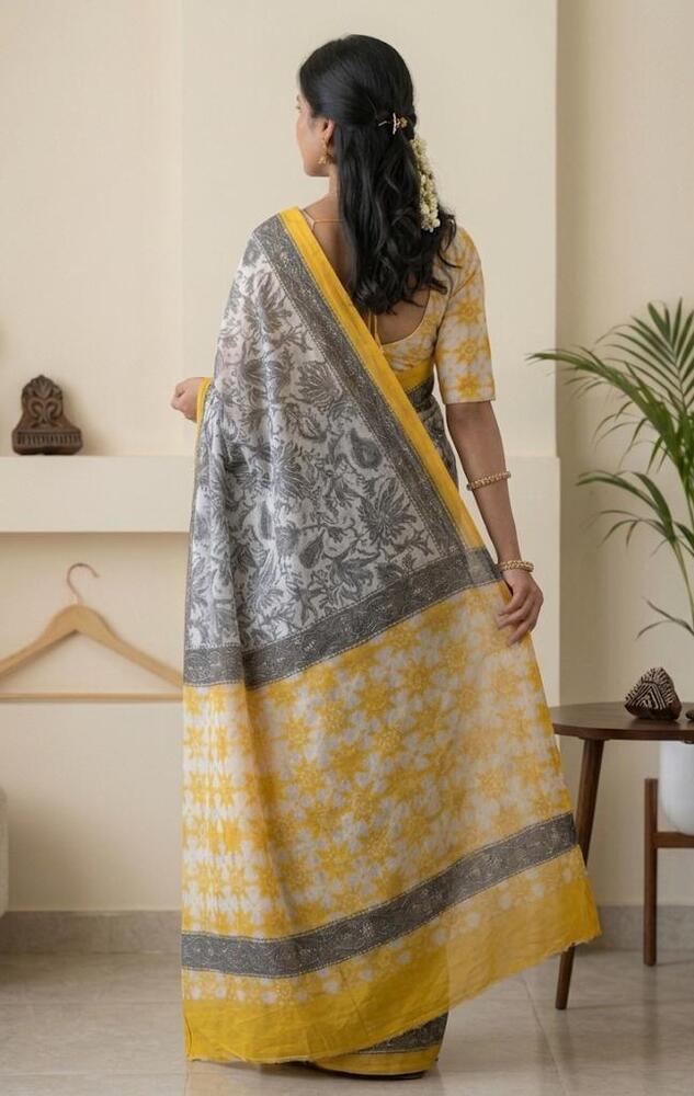 Mulmul Cotton Fabric Yellow And Black Saree