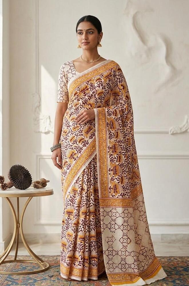 Mulmul Cotton Fabric Saree In Red And Yellow