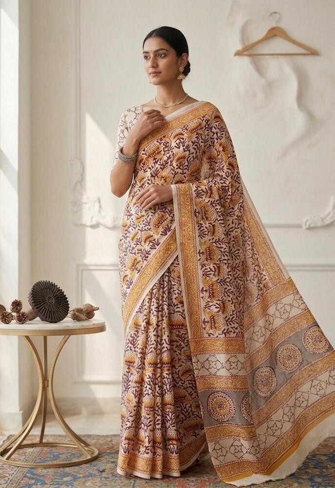 Mulmul Cotton Fabric Saree In Red And Yellow