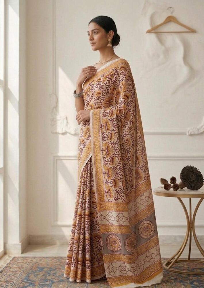 Mulmul Cotton Fabric Saree In Red And Yellow