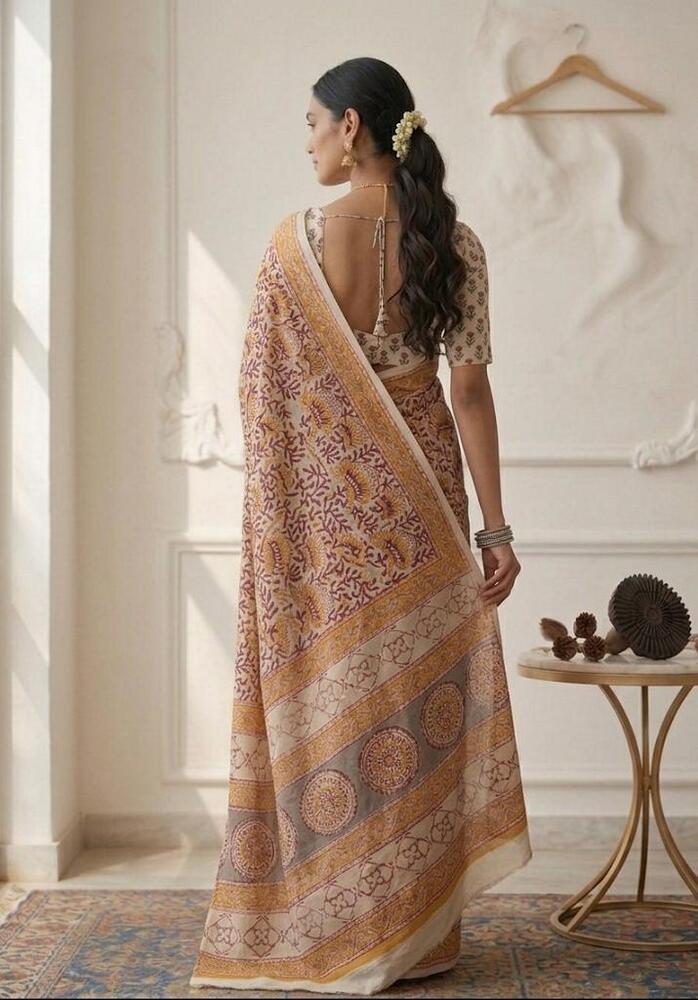 Mulmul Cotton Fabric Saree In Red And Yellow