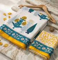 Mulmul Cotton Fabric With Broad Border Green Yellow Saree