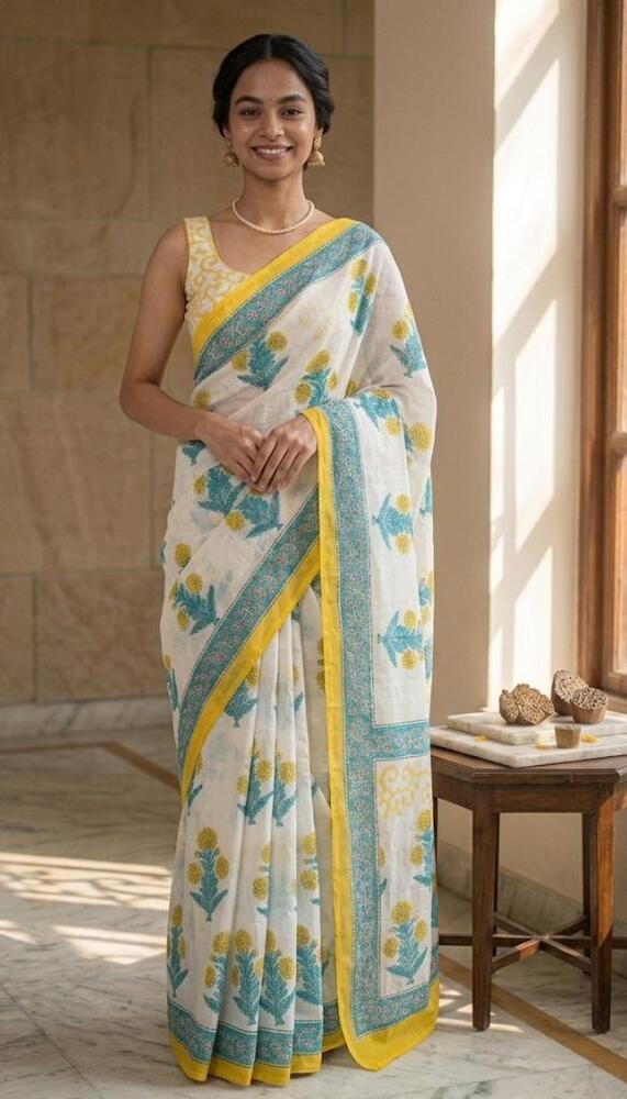 Mulmul Cotton Fabric With Broad Border Green Yellow Saree