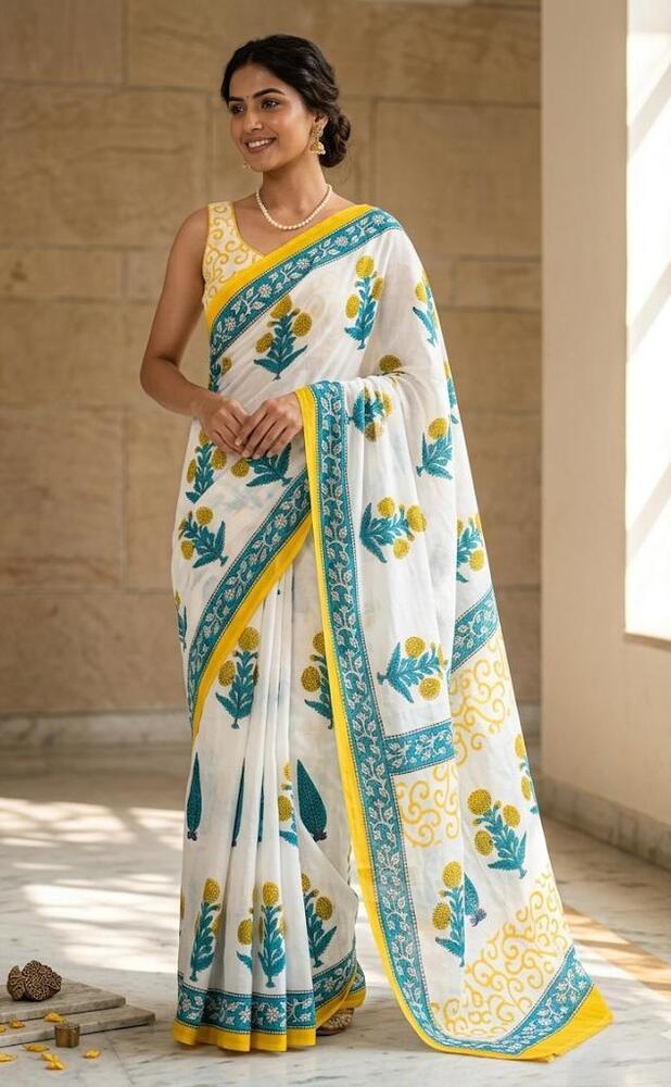 Mulmul Cotton Fabric With Broad Border Green Yellow Saree
