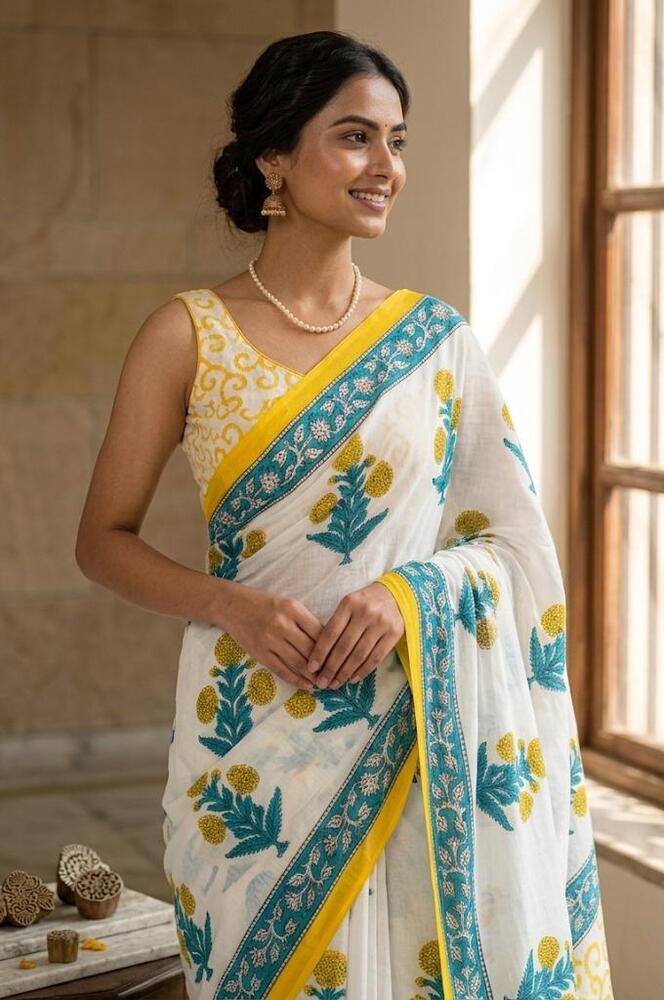 Mulmul Cotton Fabric With Broad Border Green Yellow Saree