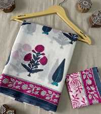 Pure Mulmul Cotton Fabric Saree In Pink And Blue - 5.5m, Ultra Soft, Tasselled Edges | Eco-friendly, Screen Printed Floral & Abstract