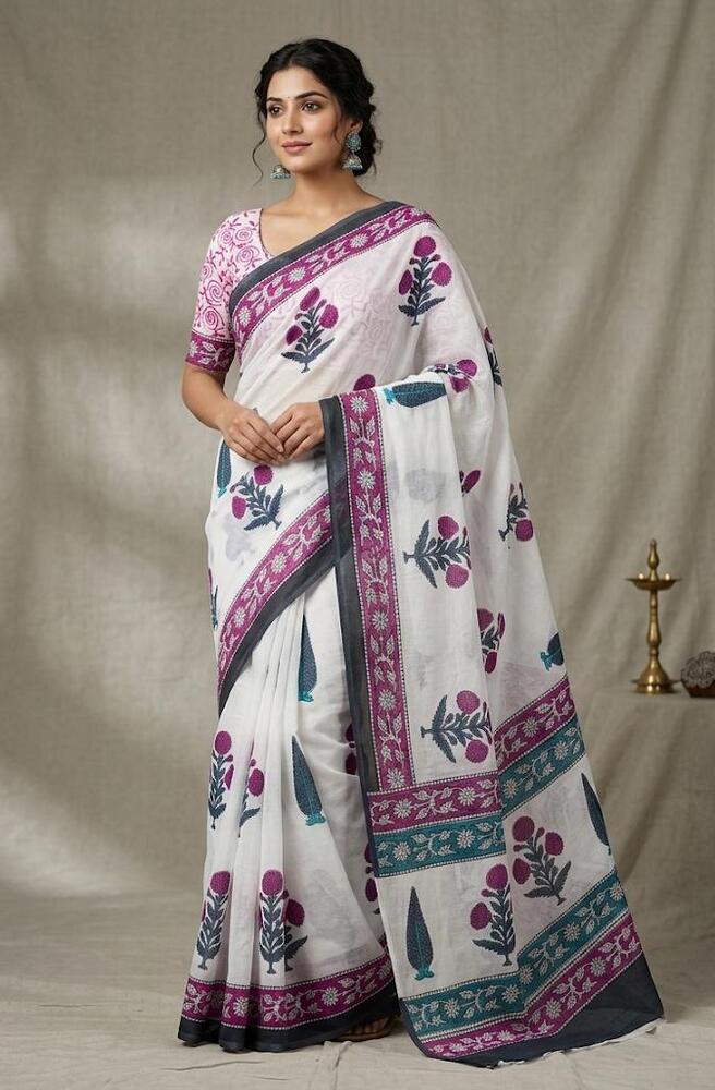 Pure Mulmul Cotton Fabric Saree In Pink And Blue