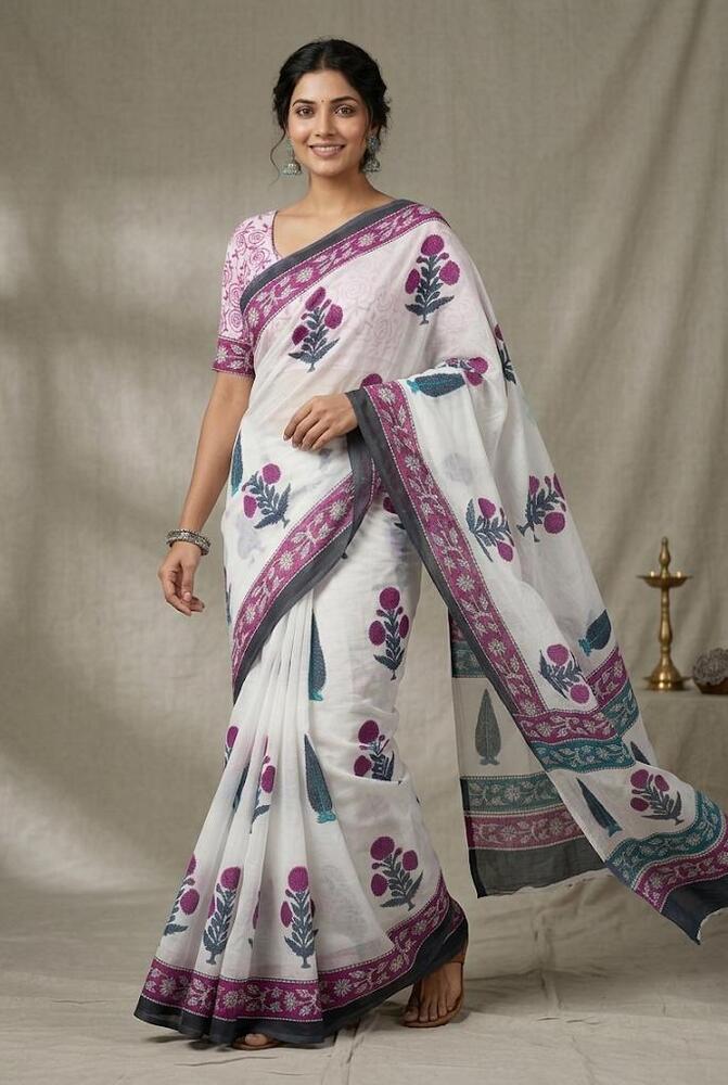 Pure Mulmul Cotton Fabric Saree In Pink And Blue