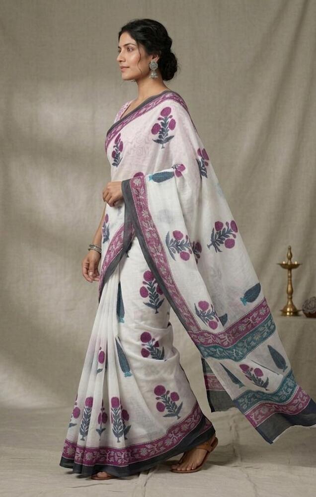 Pure Mulmul Cotton Fabric Saree In Pink And Blue