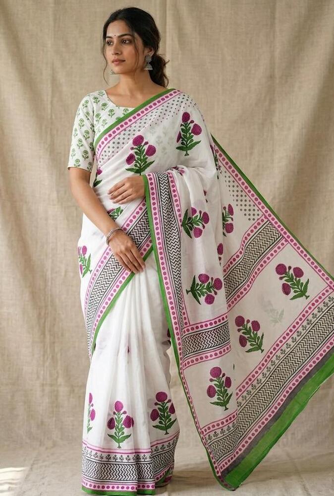 Mulmul Cotton Fabric White And Green Saree