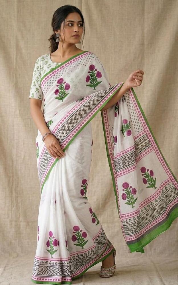 Mulmul Cotton Fabric White And Green Saree