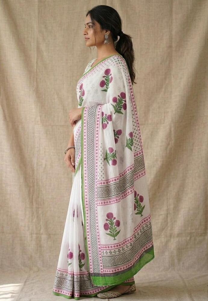 Mulmul Cotton Fabric White And Green Saree