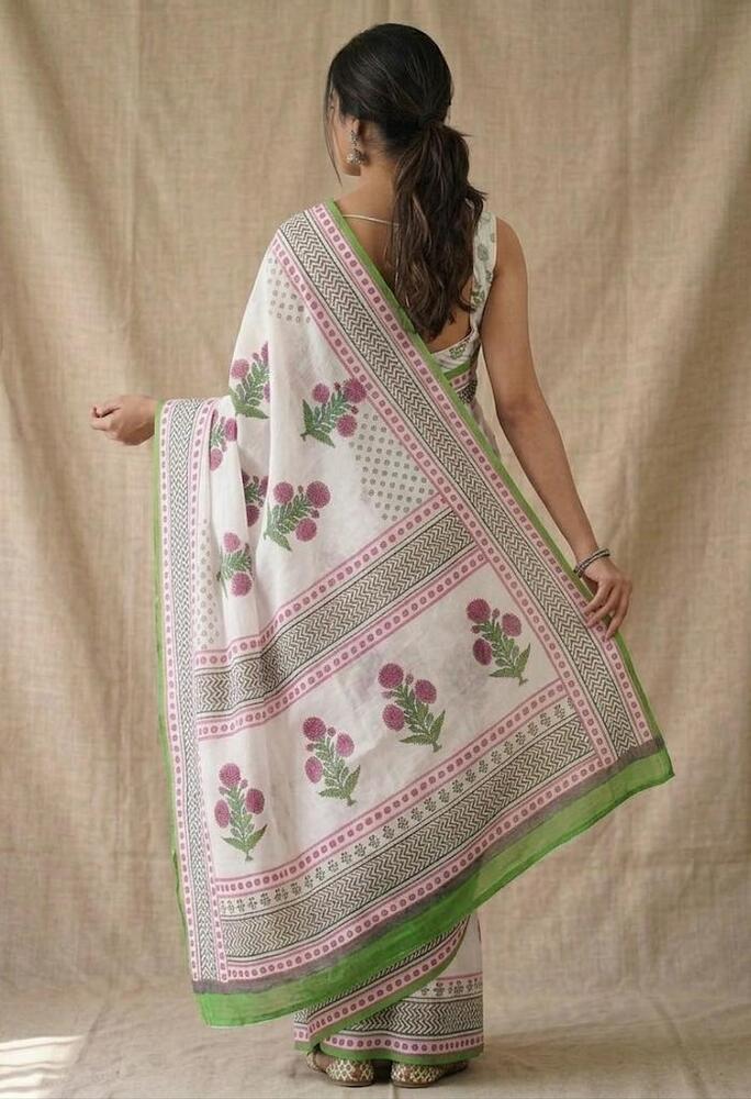 Mulmul Cotton Fabric White And Green Saree
