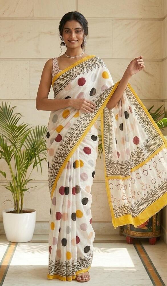 Pure Mulmul Cotton Fabric Saree In Yellow Color With Drape