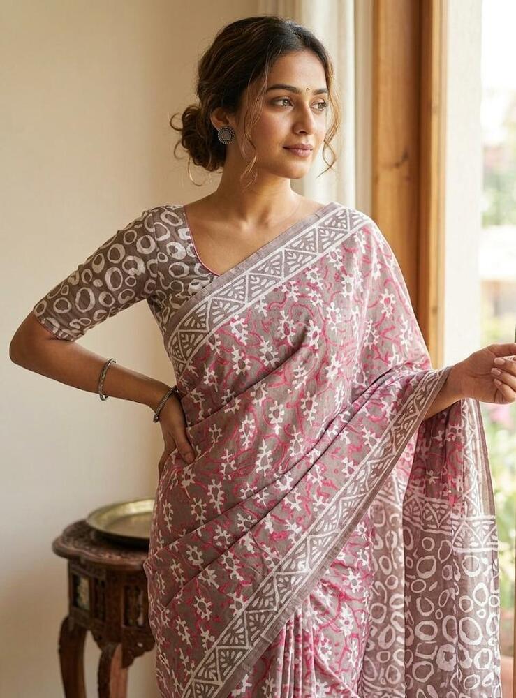 Pure Mulmul Cotton Fabric Saree In Pink
