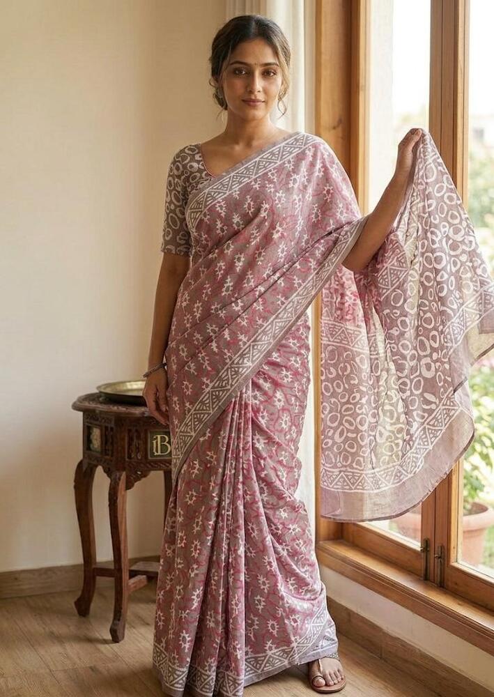 Pure Mulmul Cotton Fabric Saree In Pink