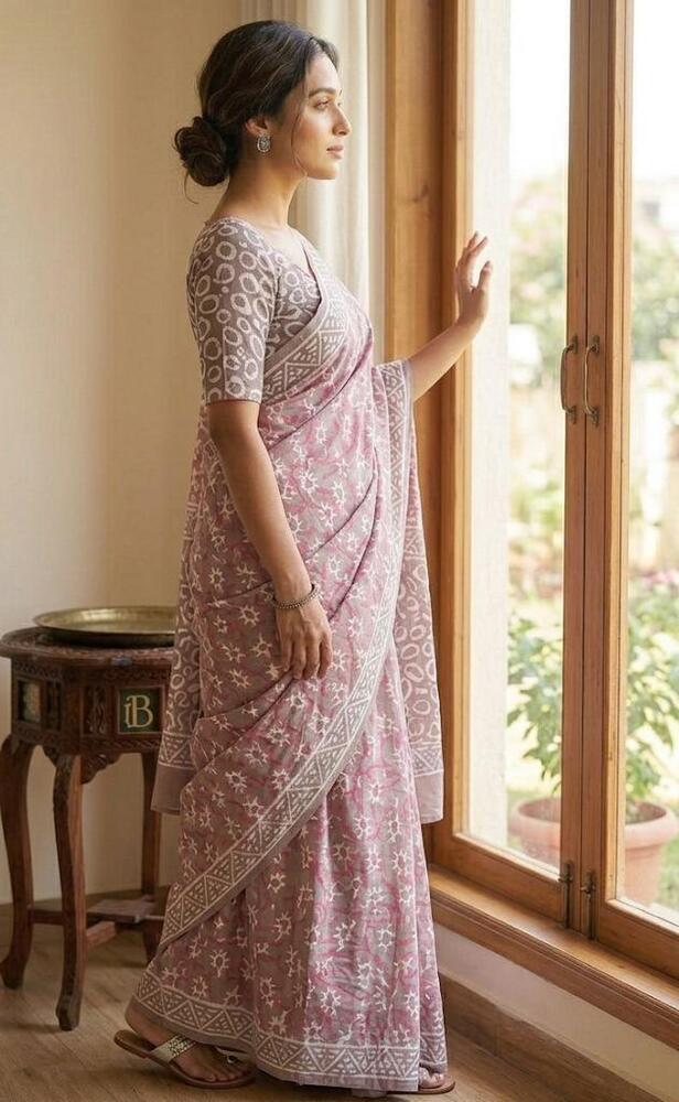 Pure Mulmul Cotton Fabric Saree In Pink