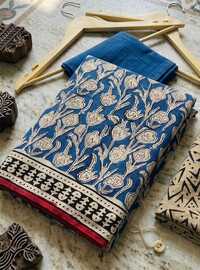 Pure Mulmul Cotton Fabric Blue Color With Drape Saree - Style: Bagru Print