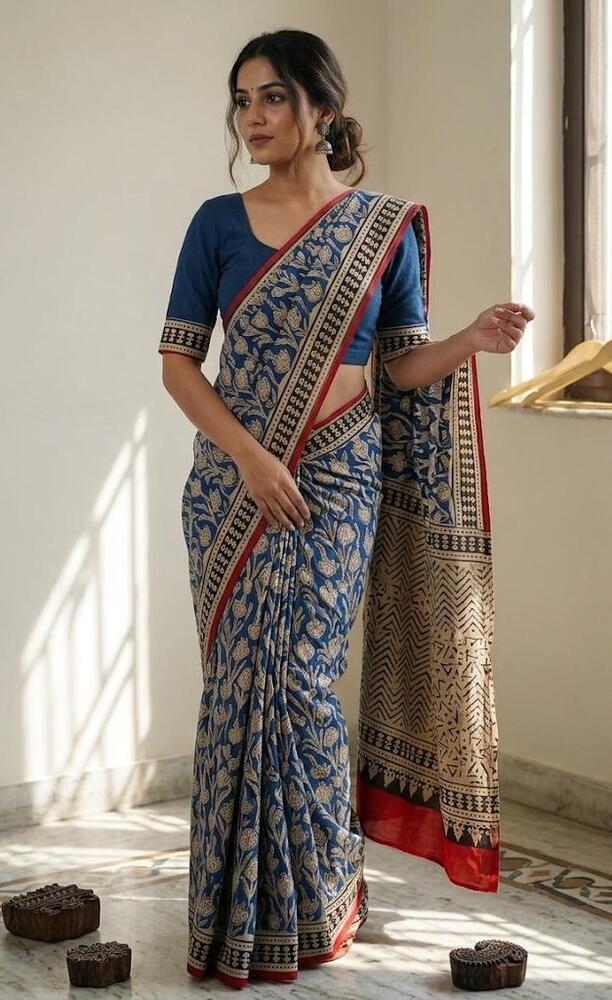 Pure Mulmul Cotton Fabric Blue Color With Drape Saree