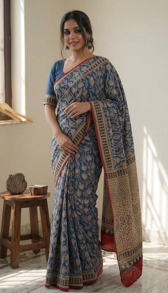 Pure Mulmul Cotton Fabric Blue Color With Drape Saree