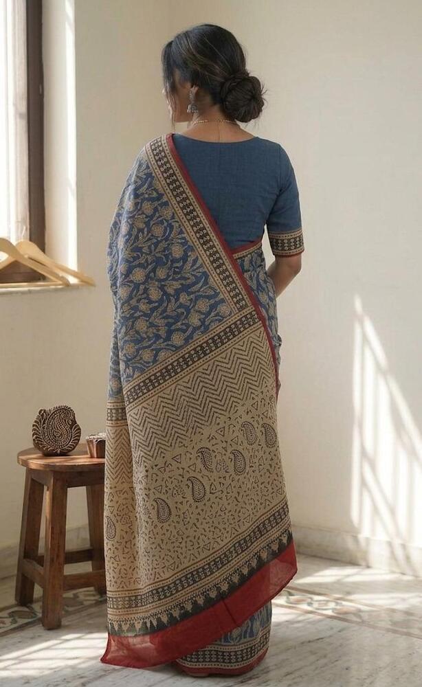 Pure Mulmul Cotton Fabric Blue Color With Drape Saree