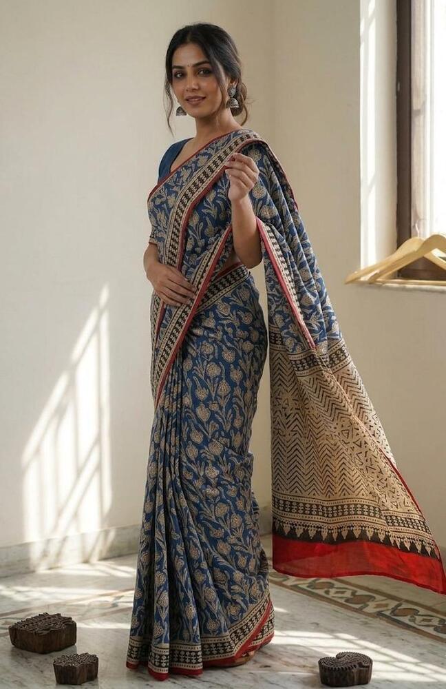 Pure Mulmul Cotton Fabric Blue Color With Drape Saree