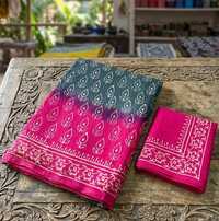Pure Mulmul Cotton Fabric Saree In Pink And Blue Colour