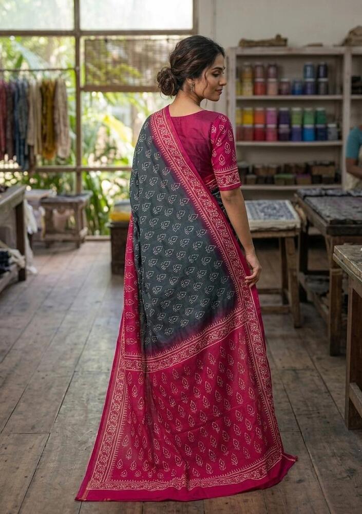 Pure Mulmul Cotton Fabric Saree In Pink And Blue Colour