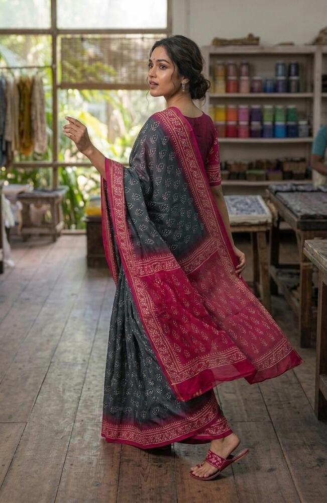 Pure Mulmul Cotton Fabric Saree In Pink And Blue Colour