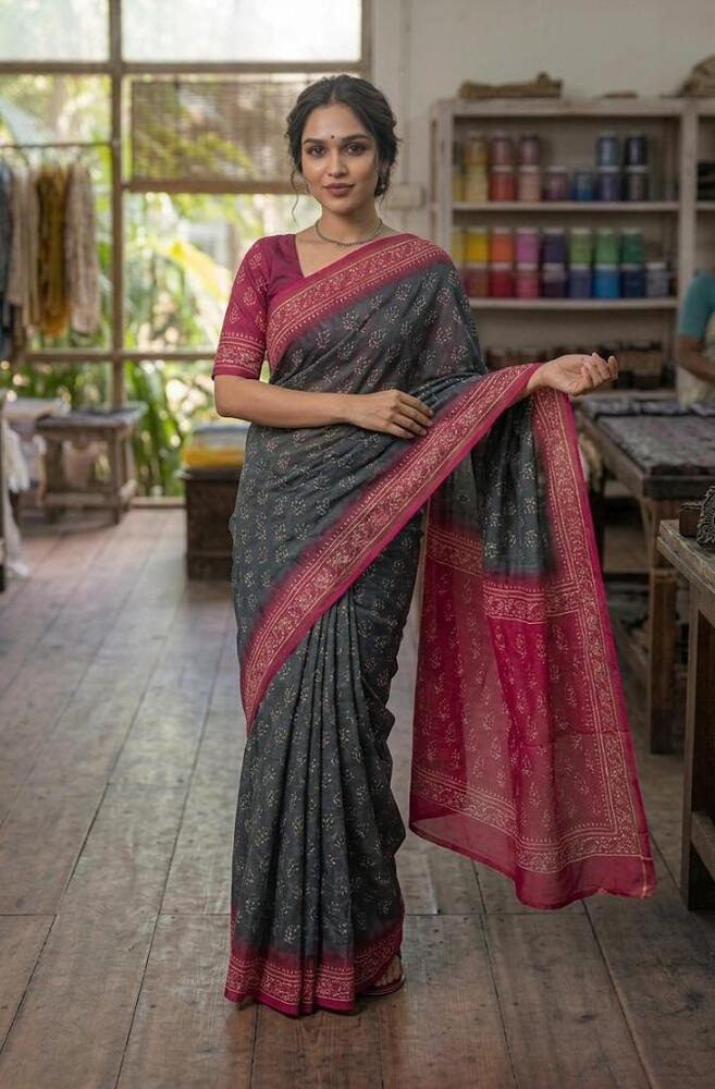 Pure Mulmul Cotton Fabric Saree In Pink And Blue Colour