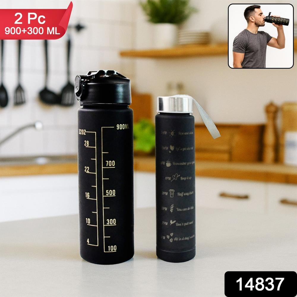 2 Pc Premium Black Motivational Water Bottle Set (900 Ml + 300 Ml) - Color: Mix