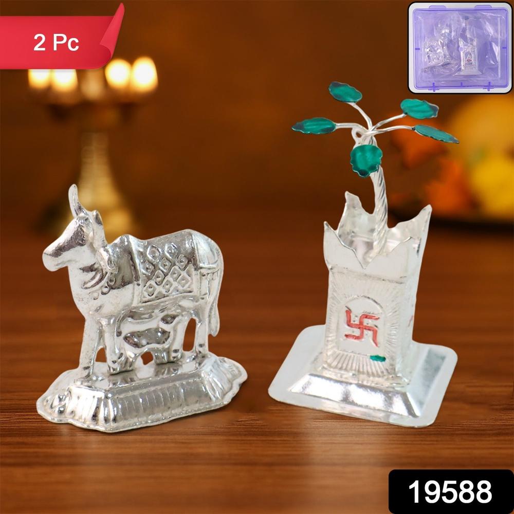 Silver-Plated Kamdhenu Cow & Tulsi Plant Pair Pooja & Home Dcor - Color: Mix