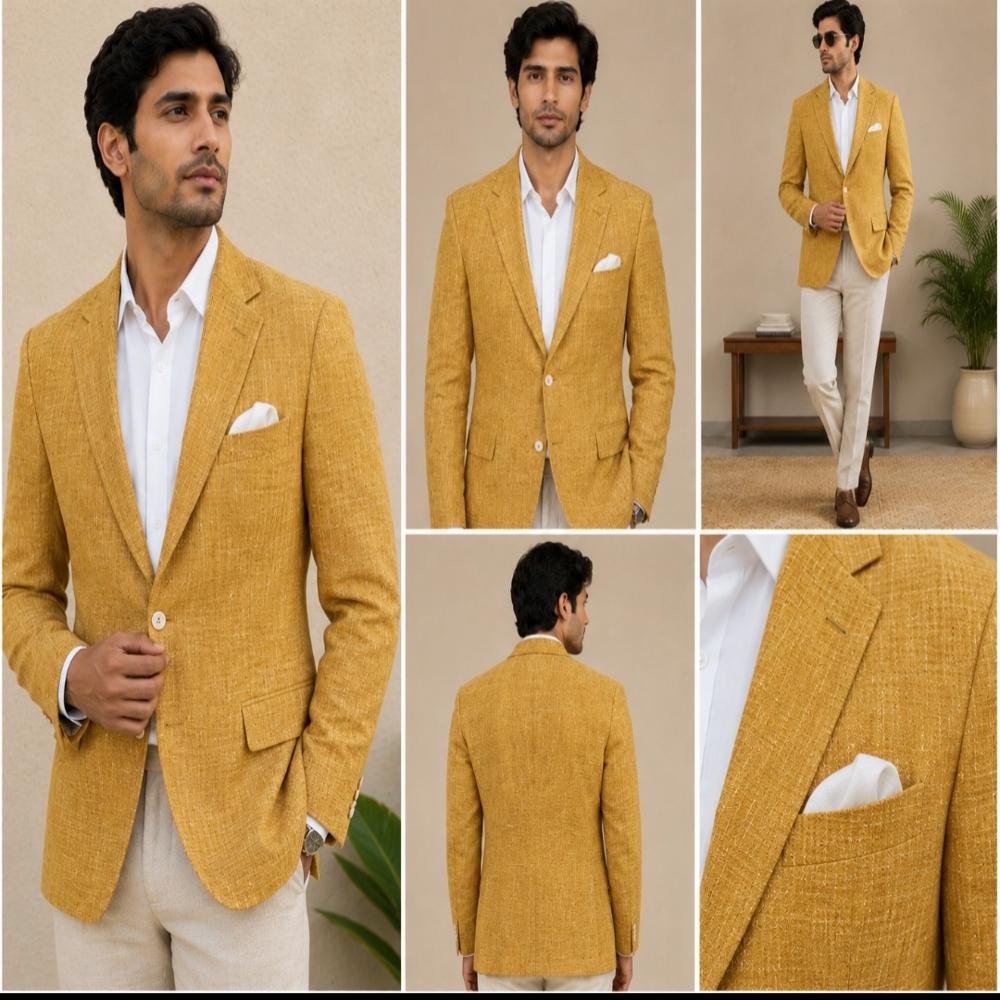 Mustard Colour Khadi Blazer - 100% Pure Khadi Cotton, Regular Fit, Notch Lapel, Two Button Closure, Lightweight, All-season Wear