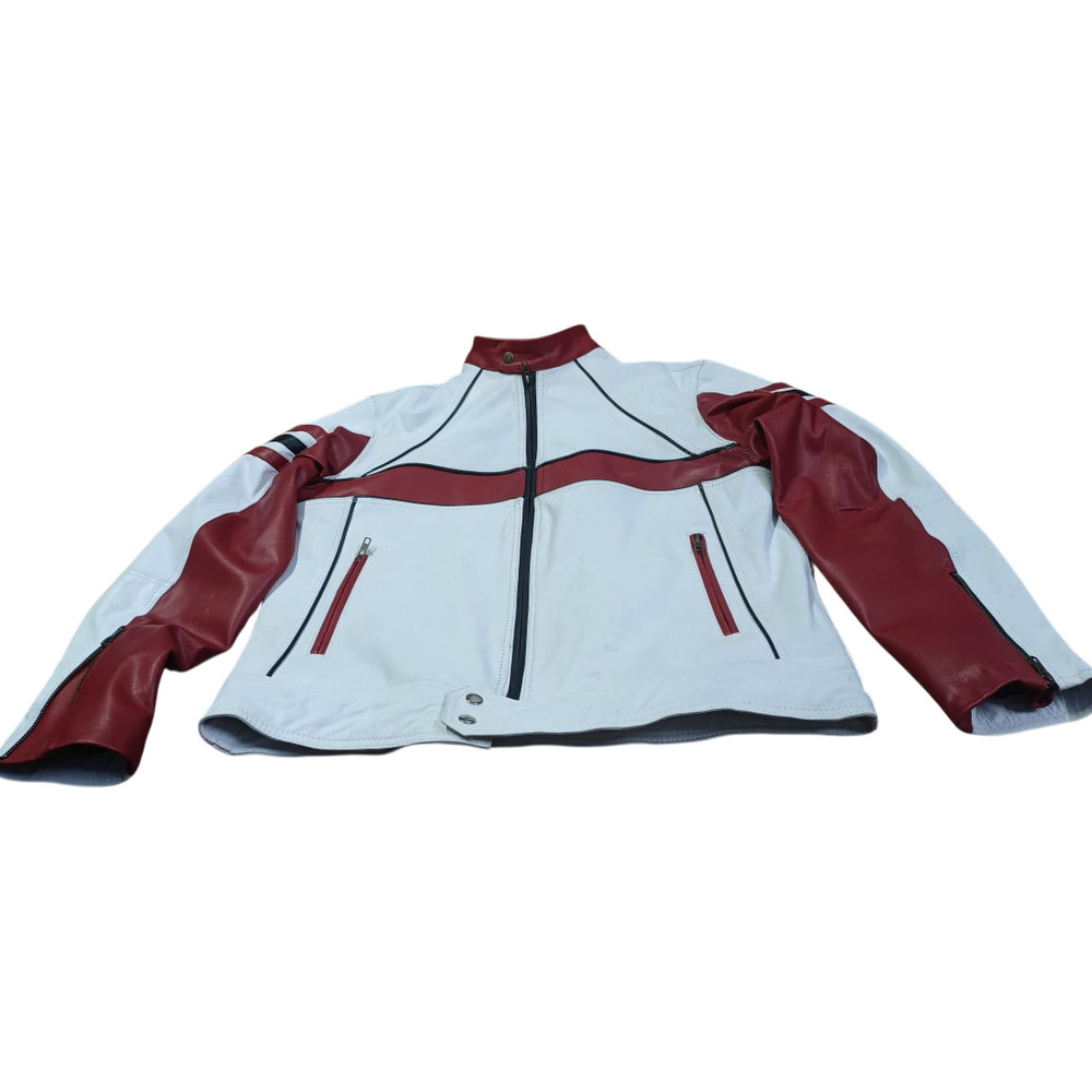 Mens White And Red Leather Racer Jacket