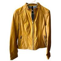 Ladies Tan Genuine Leather Jacket - Smooth Grain Leather, Slim Fit, Metallic Hardware | Adjustable Side Belts, Curved Hem, Side Zip Pockets